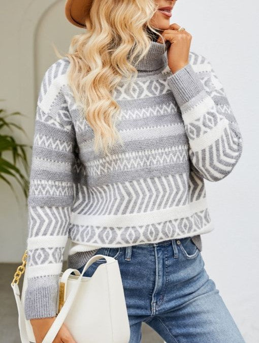 Fair Isle Jacquard Turtleneck Knit Sweater - Grey - 1