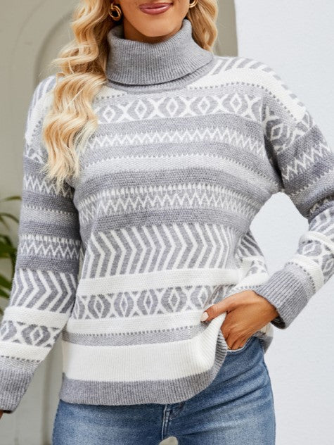 Fair Isle Jacquard Turtleneck Knit Sweater - Grey - 2