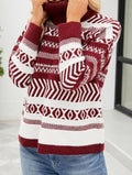 Fair Isle Jacquard Turtleneck Knit Sweater - Red