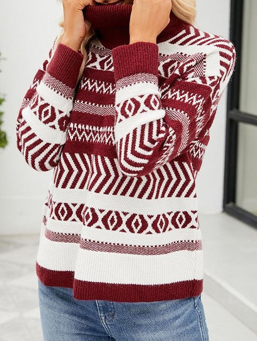 Fair Isle Jacquard Turtleneck Knit Sweater - Red