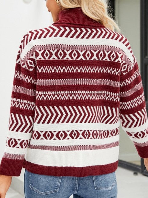Fair Isle Jacquard Turtleneck Knit Sweater - Red - 1