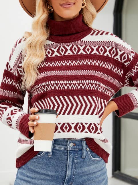 Fair Isle Jacquard Turtleneck Knit Sweater