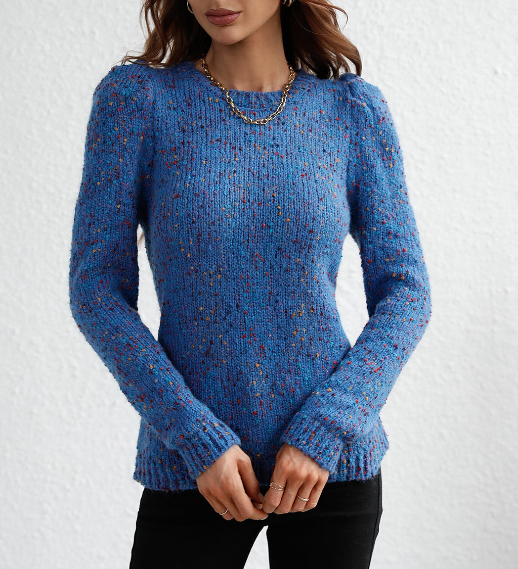 Speckled Confetti Knit Puff Sleeve Sweater - Blue