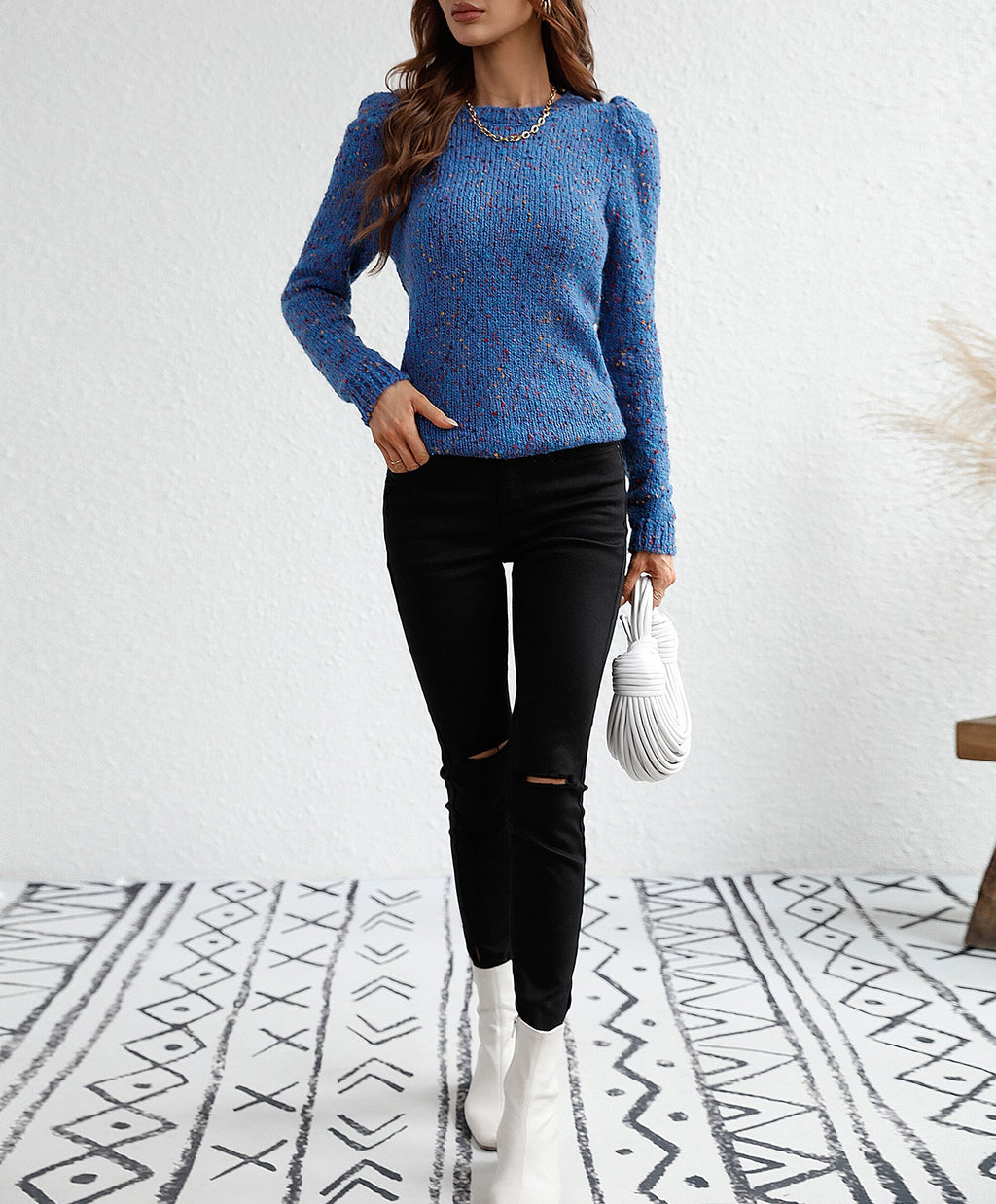Speckled Confetti Knit Puff Sleeve Sweater - Blue - 2