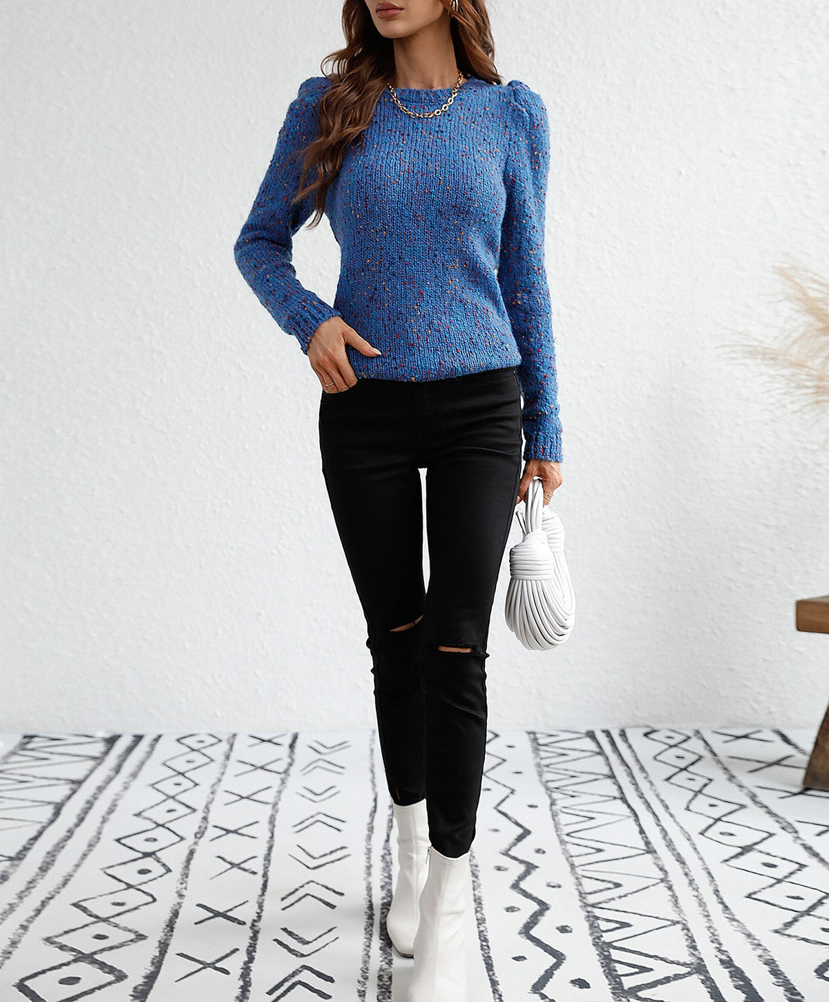 Speckled Confetti Knit Puff Sleeve Sweater - Blue - 2