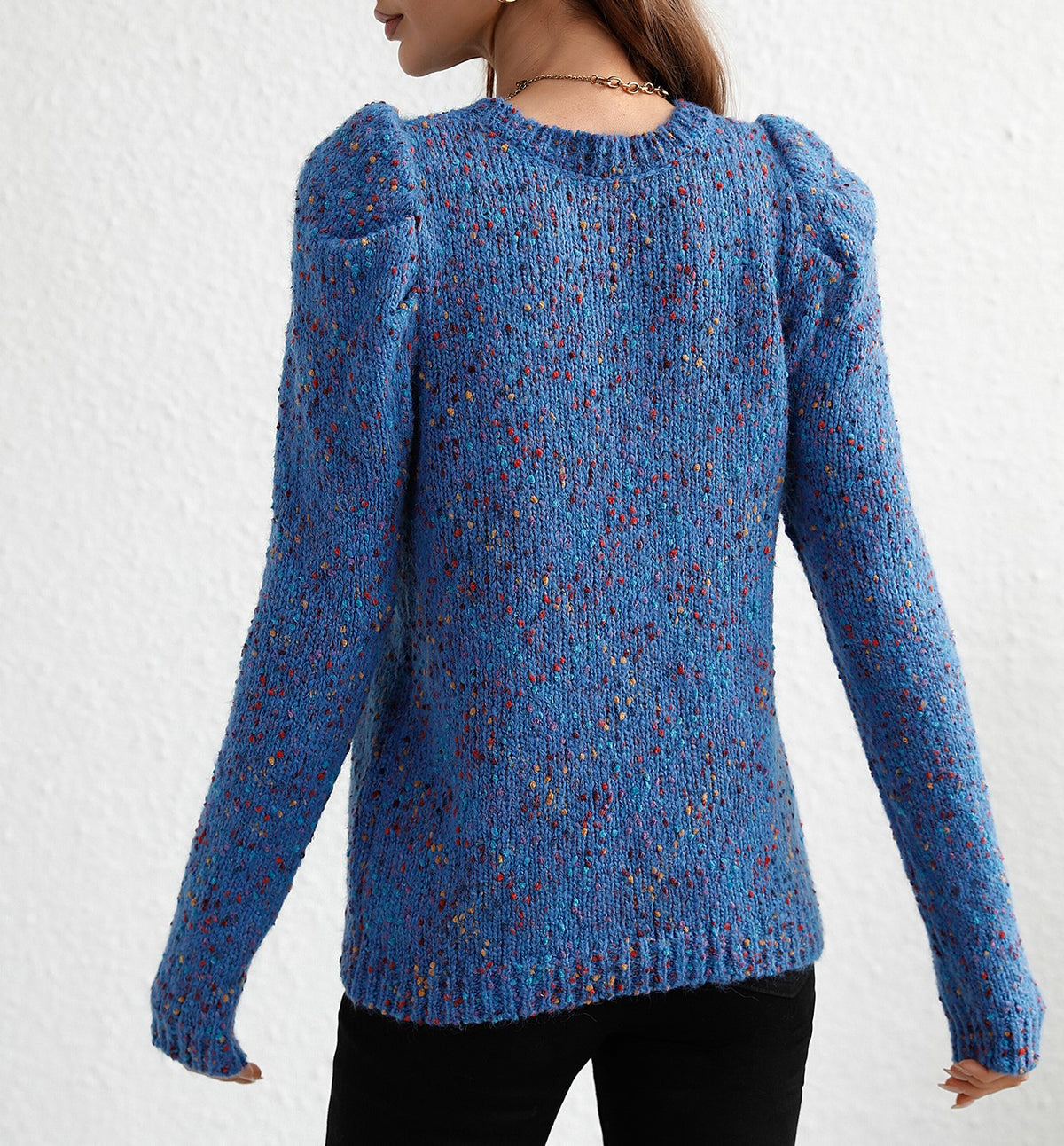 Speckled Confetti Knit Puff Sleeve Sweater - Blue - 5