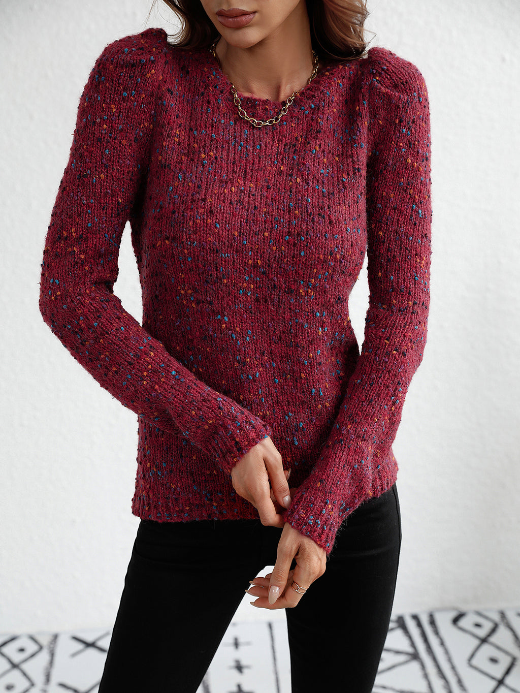 Speckled Confetti Knit Puff Sleeve Sweater - Red