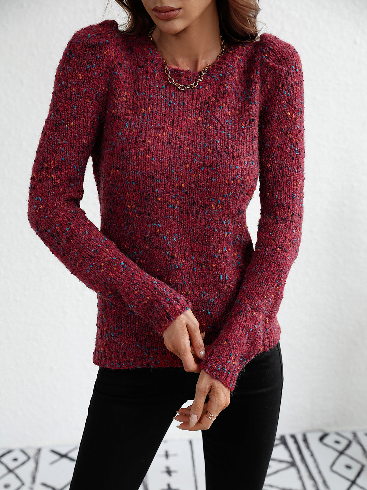 Speckled Confetti Knit Puff Sleeve Sweater - Red