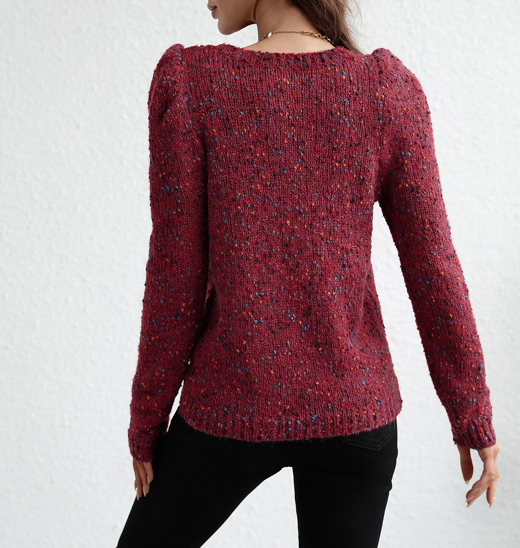Speckled Confetti Knit Puff Sleeve Sweater - Red - 5