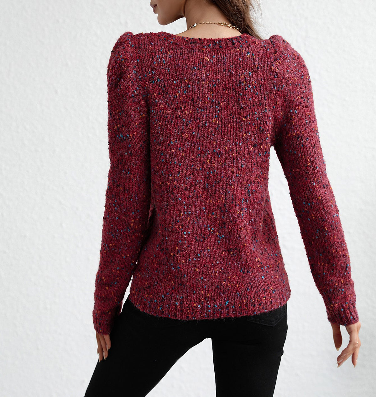Speckled Confetti Knit Puff Sleeve Sweater - Red - 5