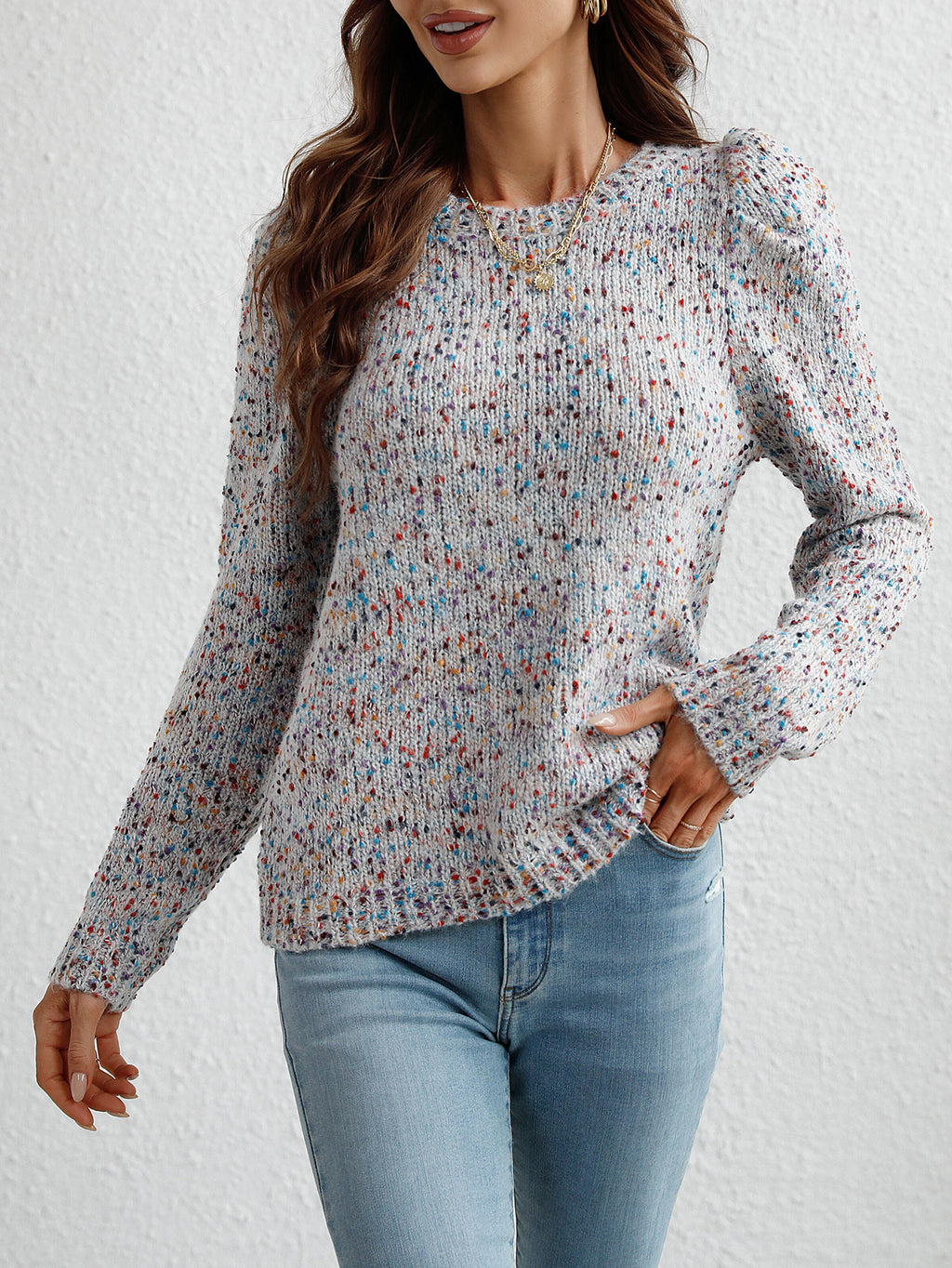 Speckled Confetti Knit Puff Sleeve Sweater - White