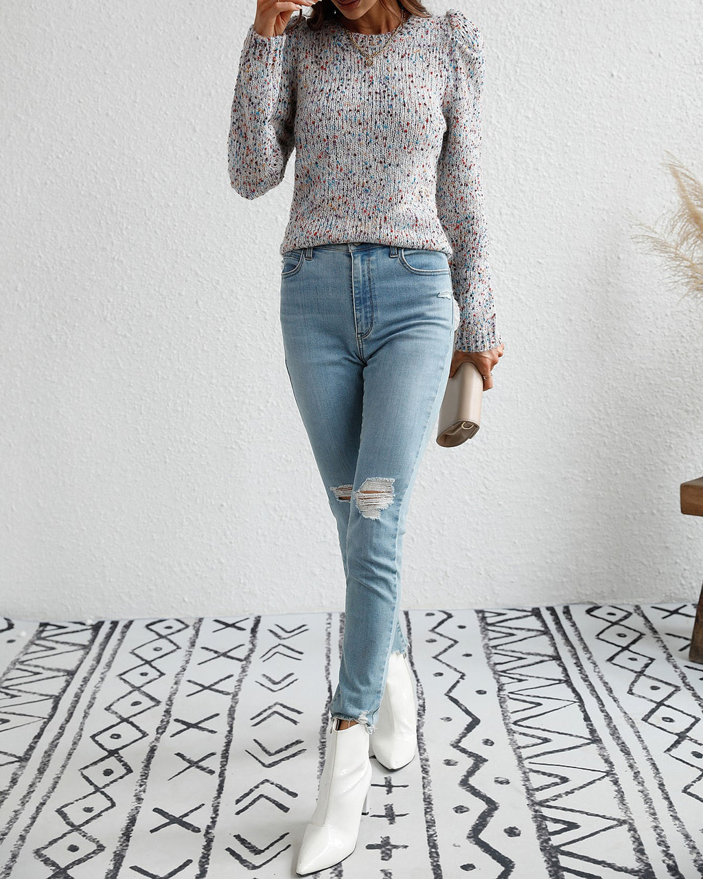 Speckled Confetti Knit Puff Sleeve Sweater - White - 2
