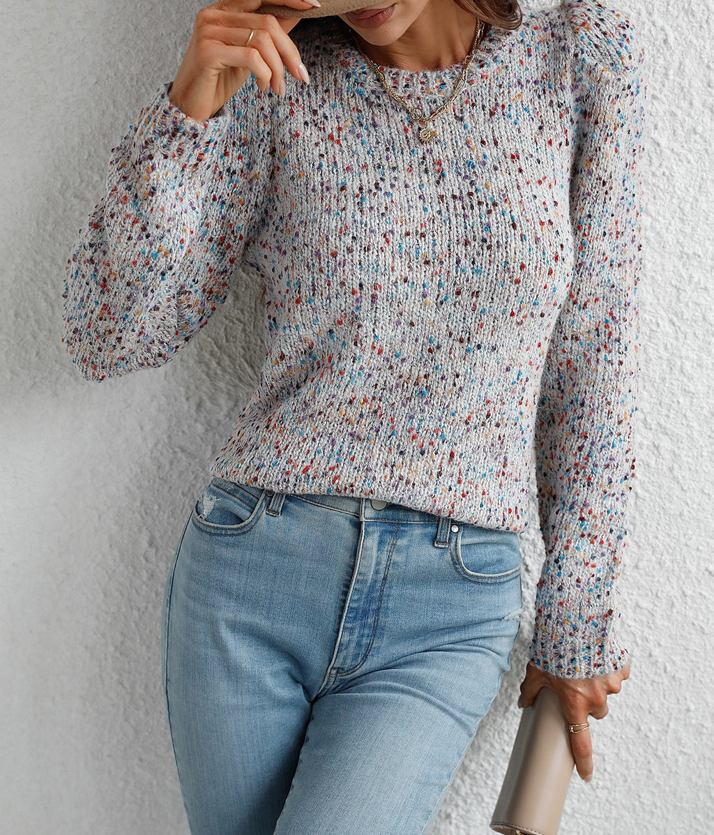 Speckled Confetti Knit Puff Sleeve Sweater - White - 3