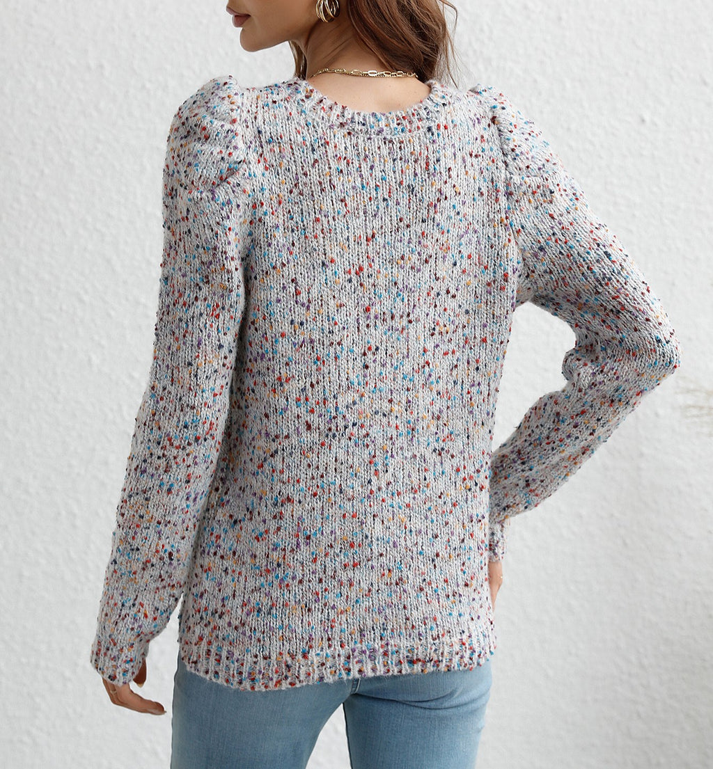 Speckled Confetti Knit Puff Sleeve Sweater - White - 5