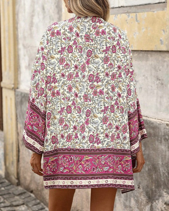 Boho Floral Open Front Kimono Cover Up - Floral - 1