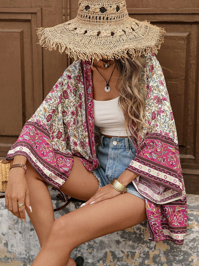 Boho Floral Open Front Kimono Cover Up - Floral - 3