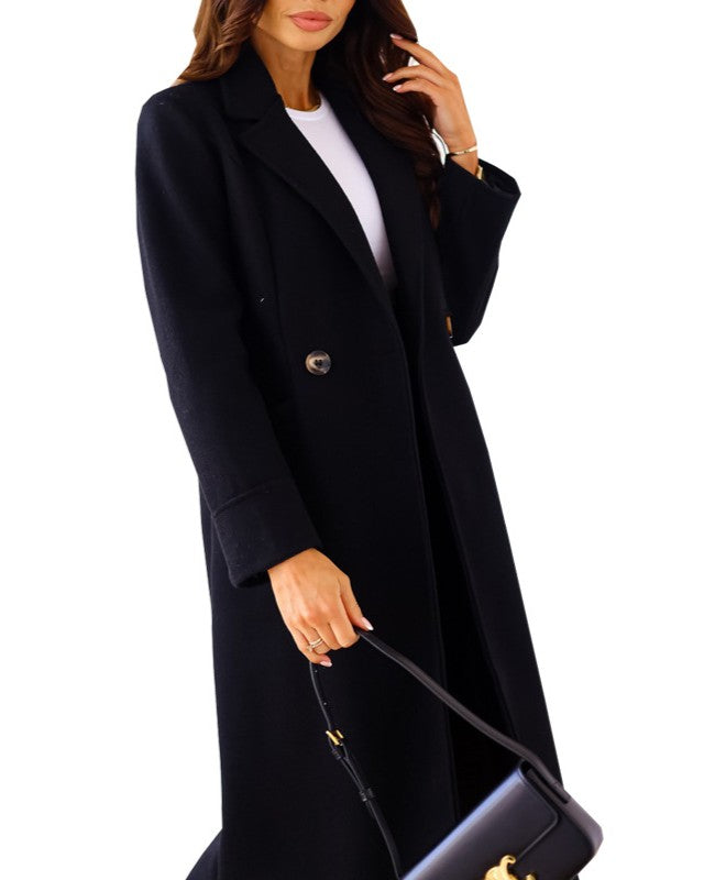 Classic Notch Lapel Button Longline Coat - Black