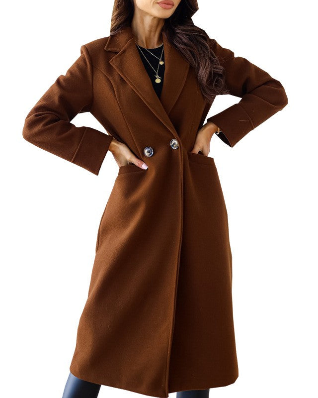 Classic Notch Lapel Button Longline Coat - Brown