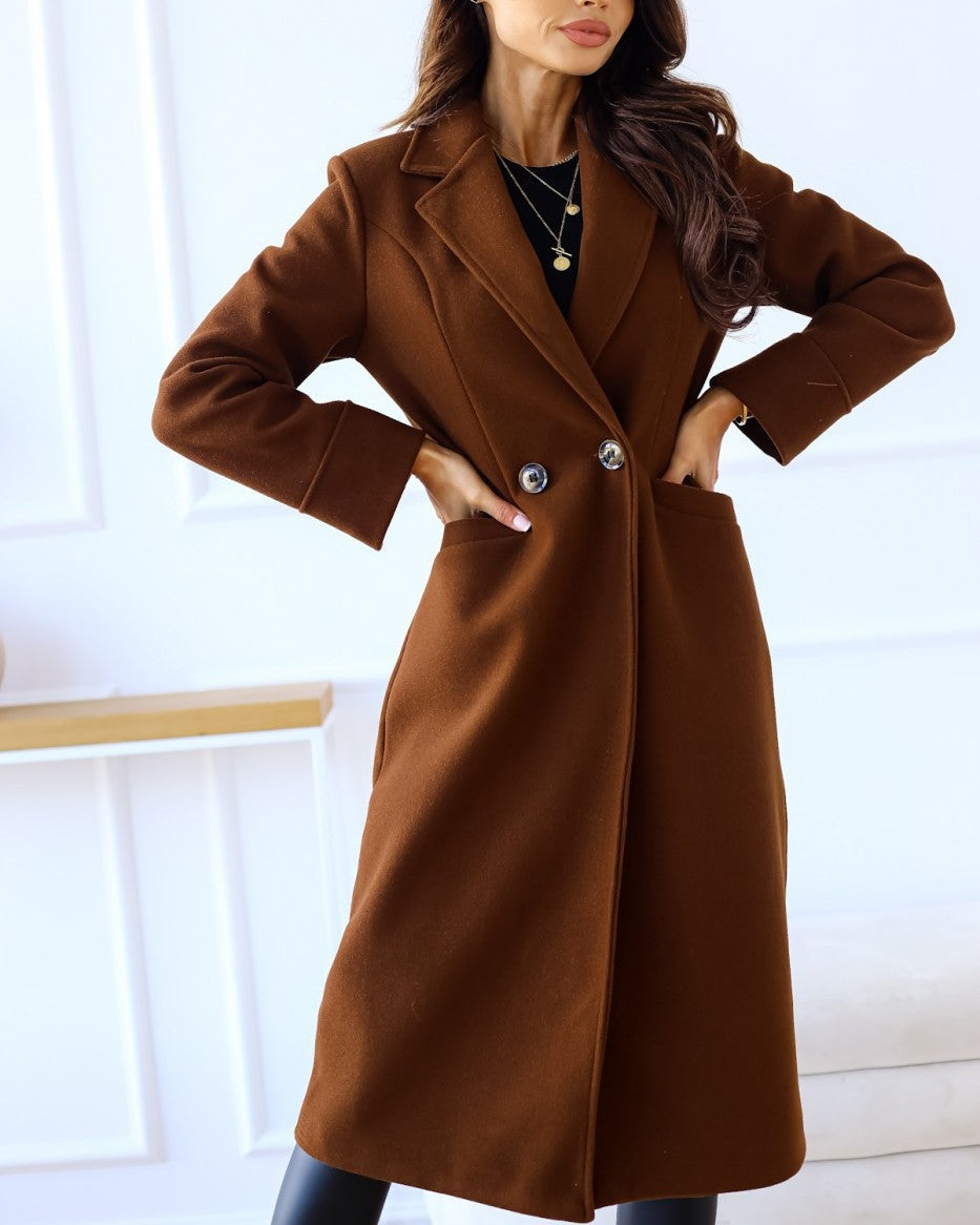 Classic Notch Lapel Button Longline Coat - Brown - 1
