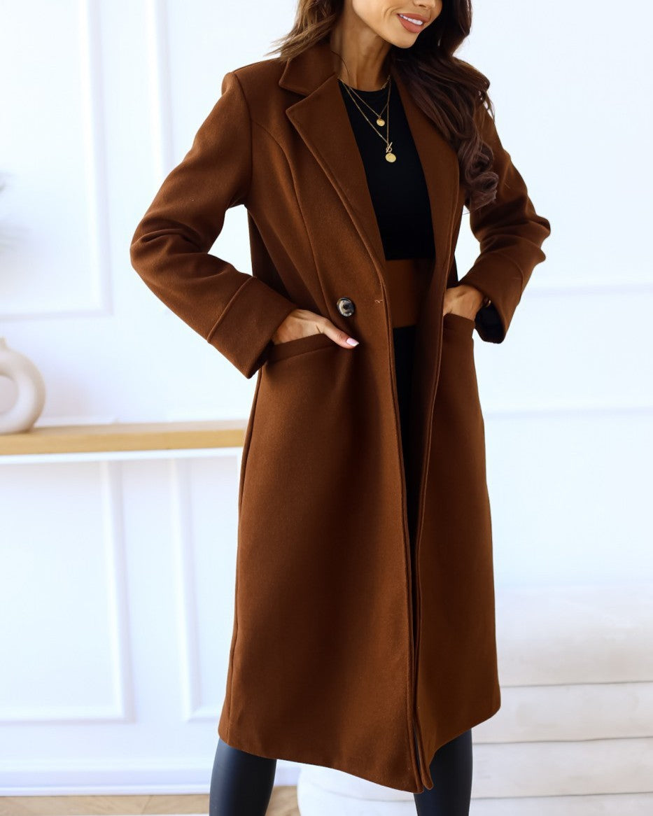 Classic Notch Lapel Button Longline Coat - Brown - 2
