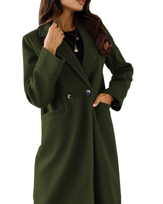 Classic Notch Lapel Button Longline Coat - Green
