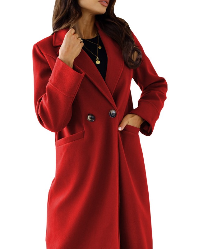 Classic Notch Lapel Button Longline Coat - Wine-Red
