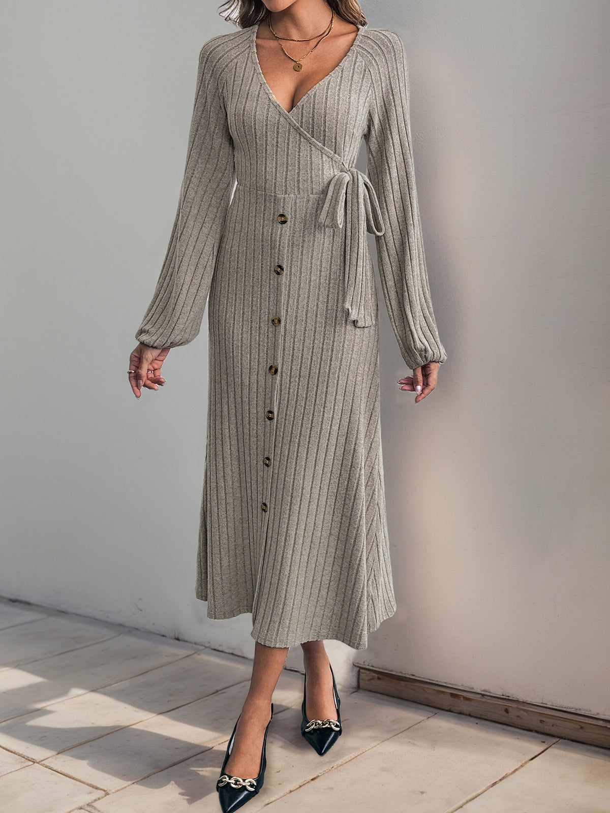 Ribbed Knit Tie Waist Button Maxi Dress - Khaki