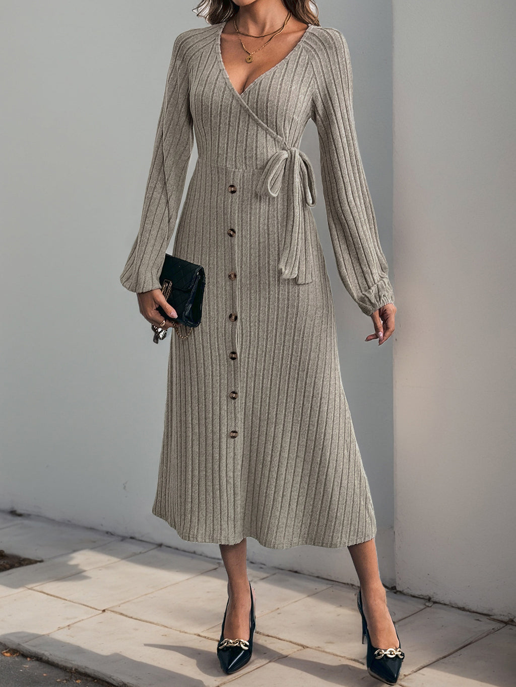 Ribbed Knit Tie Waist Button Maxi Dress - Khaki - 1
