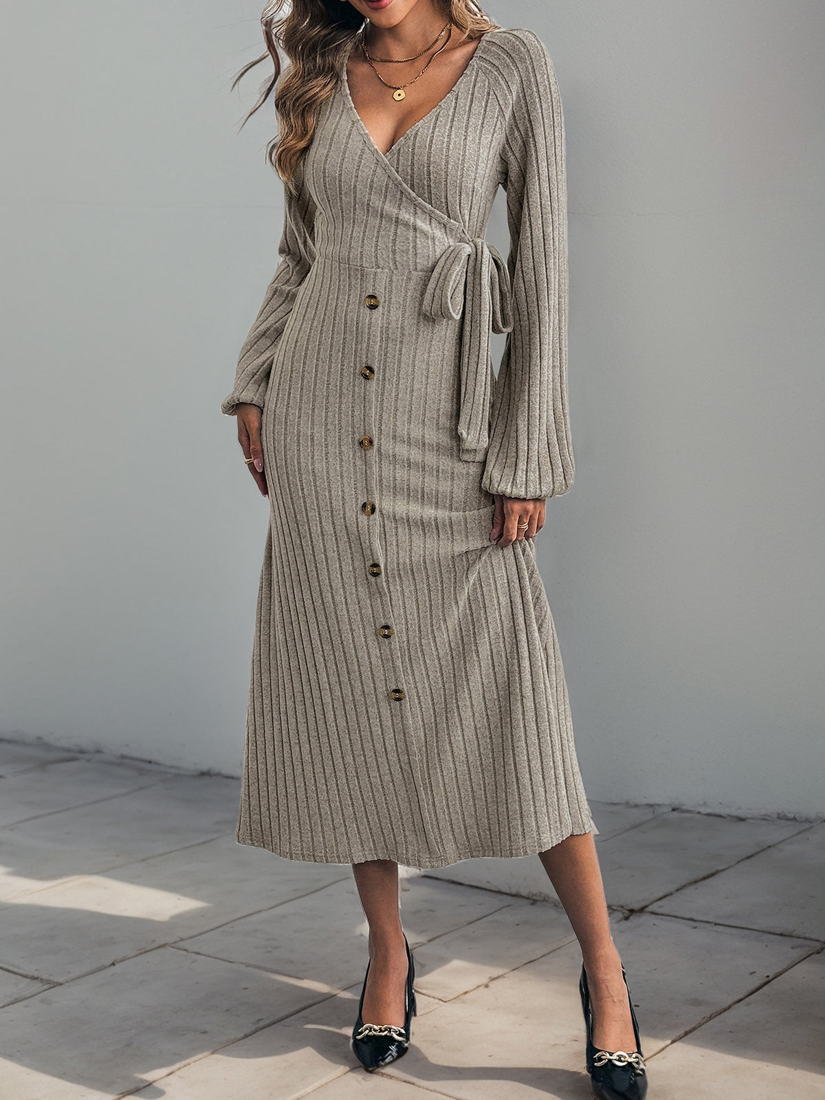 Ribbed Knit Tie Waist Button Maxi Dress - Khaki - 2