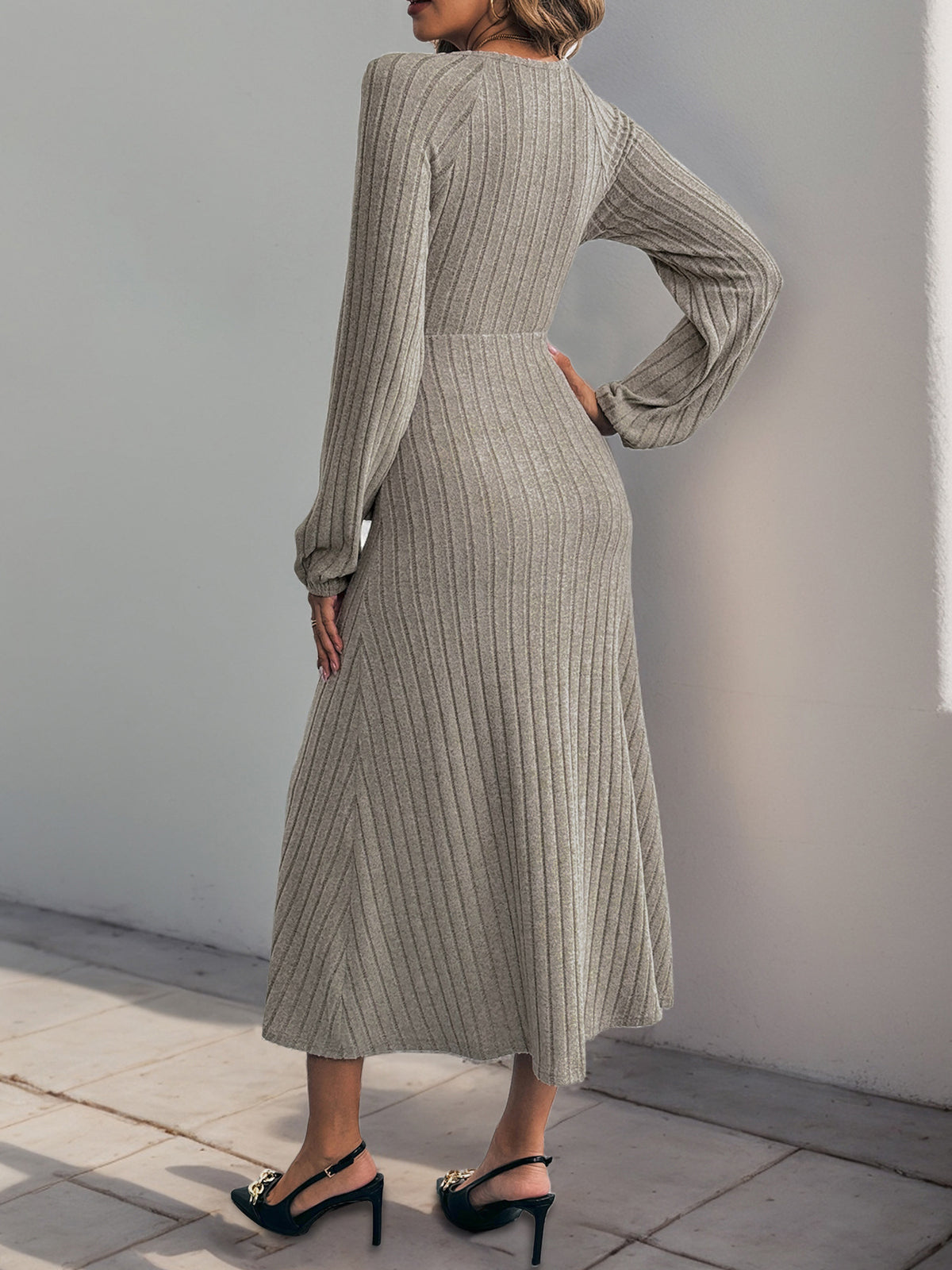 Ribbed Knit Tie Waist Button Maxi Dress - Khaki - 4