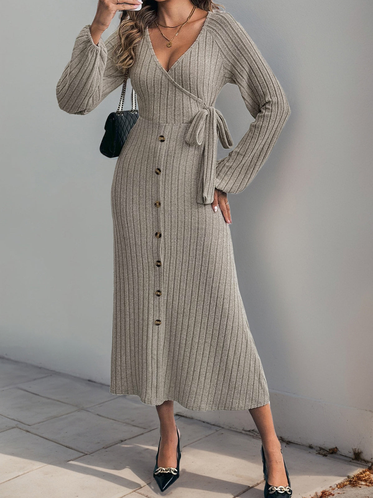 Ribbed Knit Tie Waist Button Maxi Dress