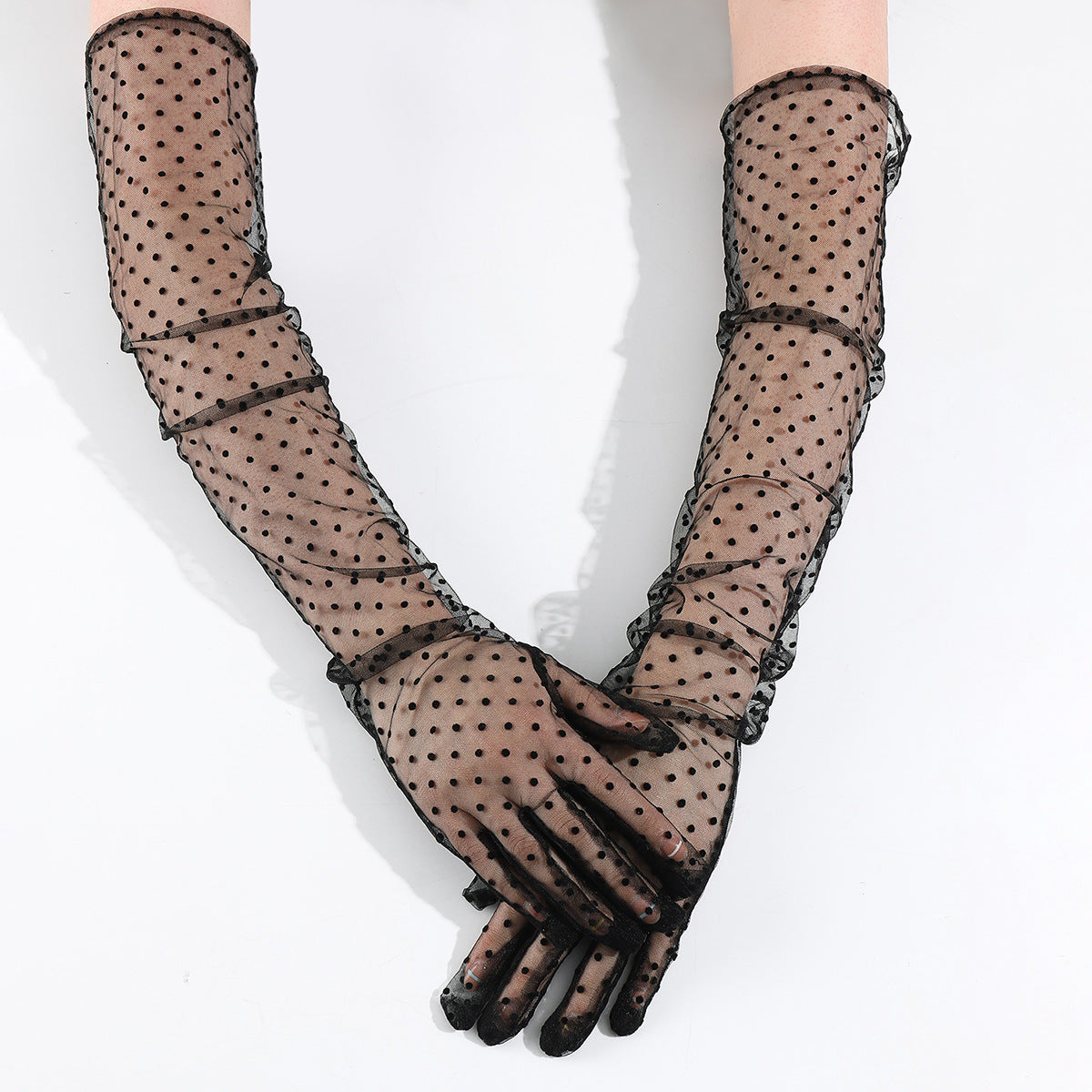 Polka Dot Tulle Long Bridal Gloves - Black