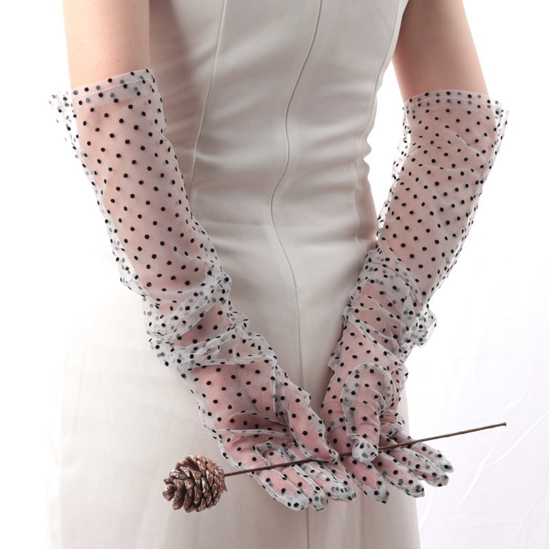 Polka Dot Tulle Long Bridal Gloves - WhiteBlackDots