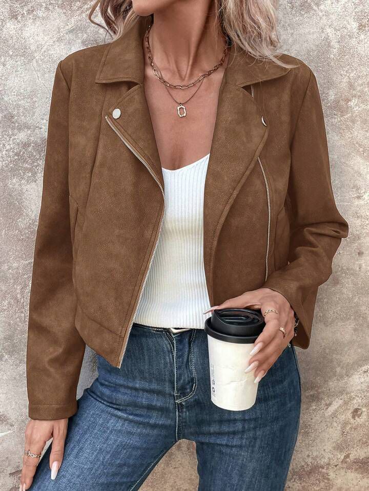 Asymmetric Zip Faux Suede Moto Jacket - Coffee