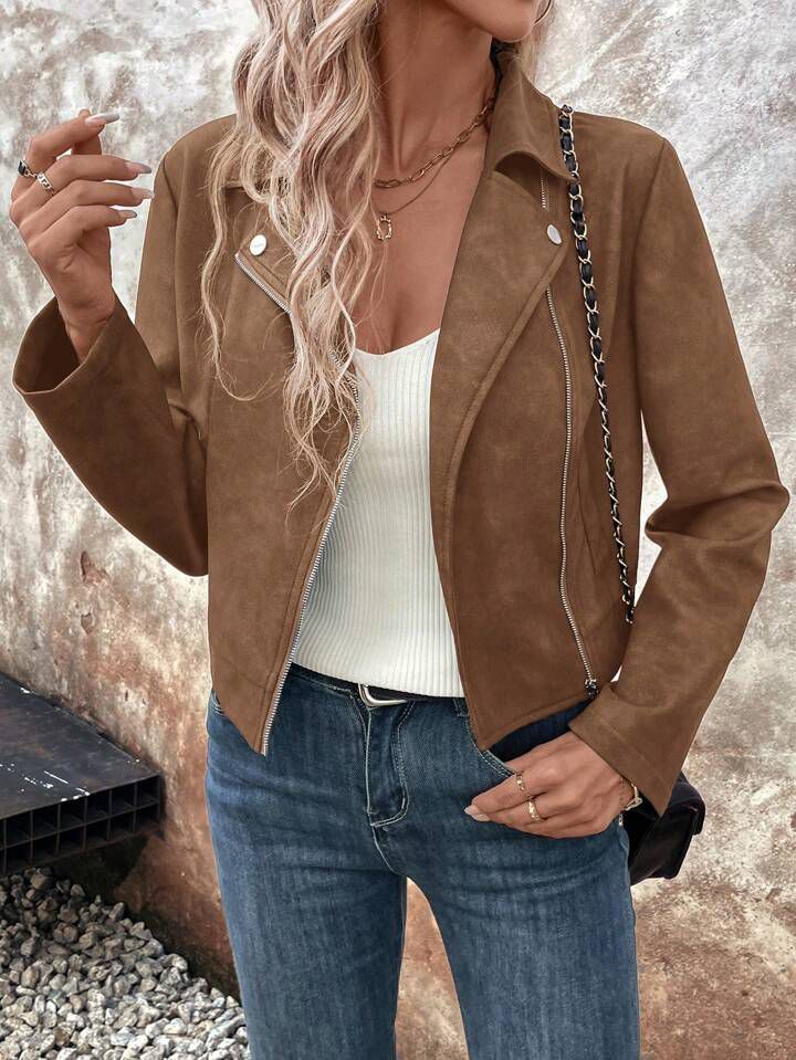 Asymmetric Zip Faux Suede Moto Jacket - Coffee - 1