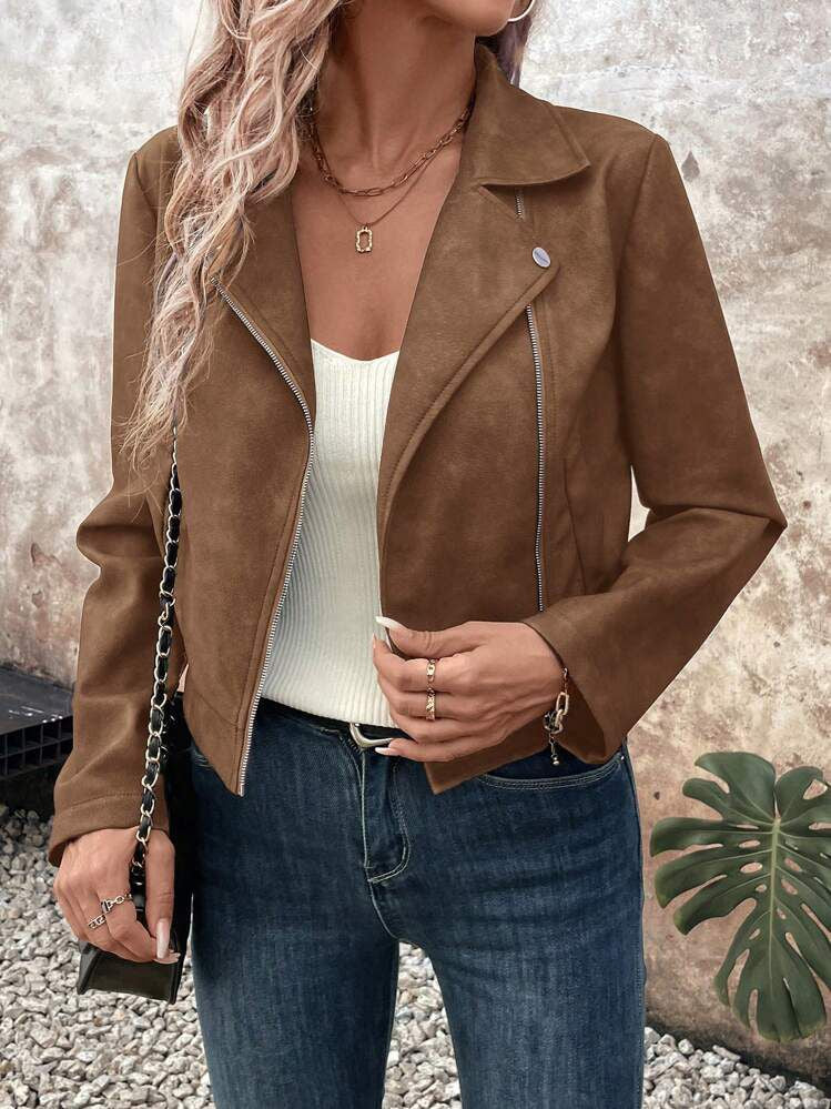 Asymmetric Zip Faux Suede Moto Jacket - Coffee - 2