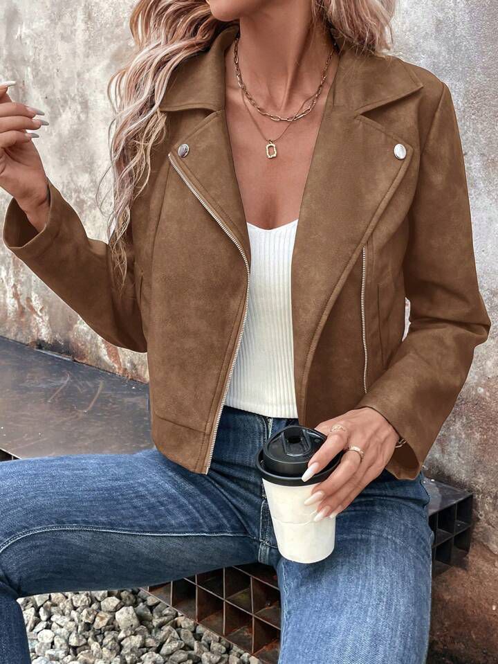 Asymmetric Zip Faux Suede Moto Jacket - Coffee - 3