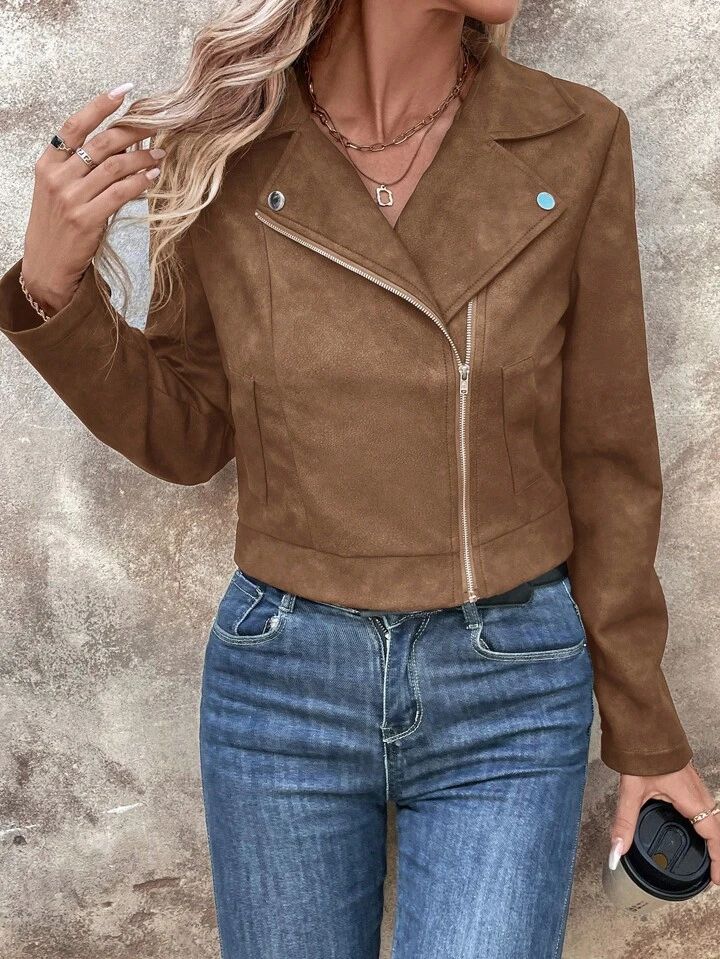Asymmetric Zip Faux Suede Moto Jacket - Coffee - 4