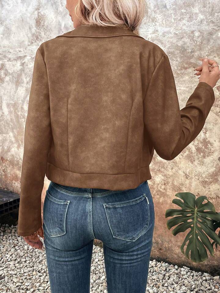 Asymmetric Zip Faux Suede Moto Jacket - Coffee - 5