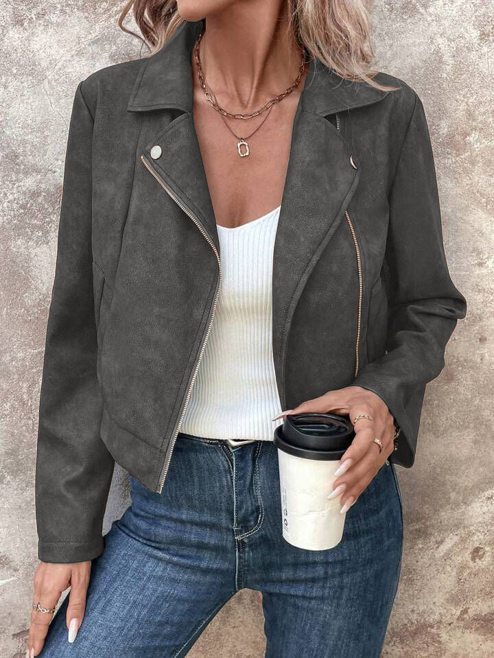 Asymmetric Zip Faux Suede Moto Jacket - DarkGray