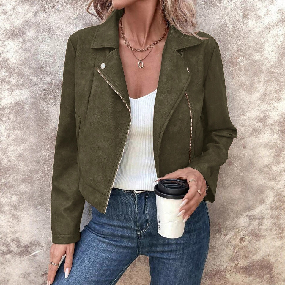 Asymmetric Zip Faux Suede Moto Jacket - Green