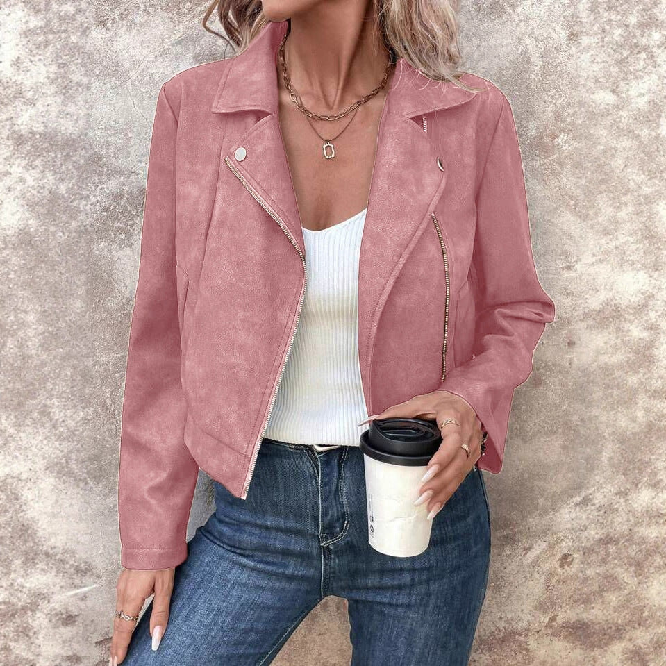 Asymmetric Zip Faux Suede Moto Jacket - Pink