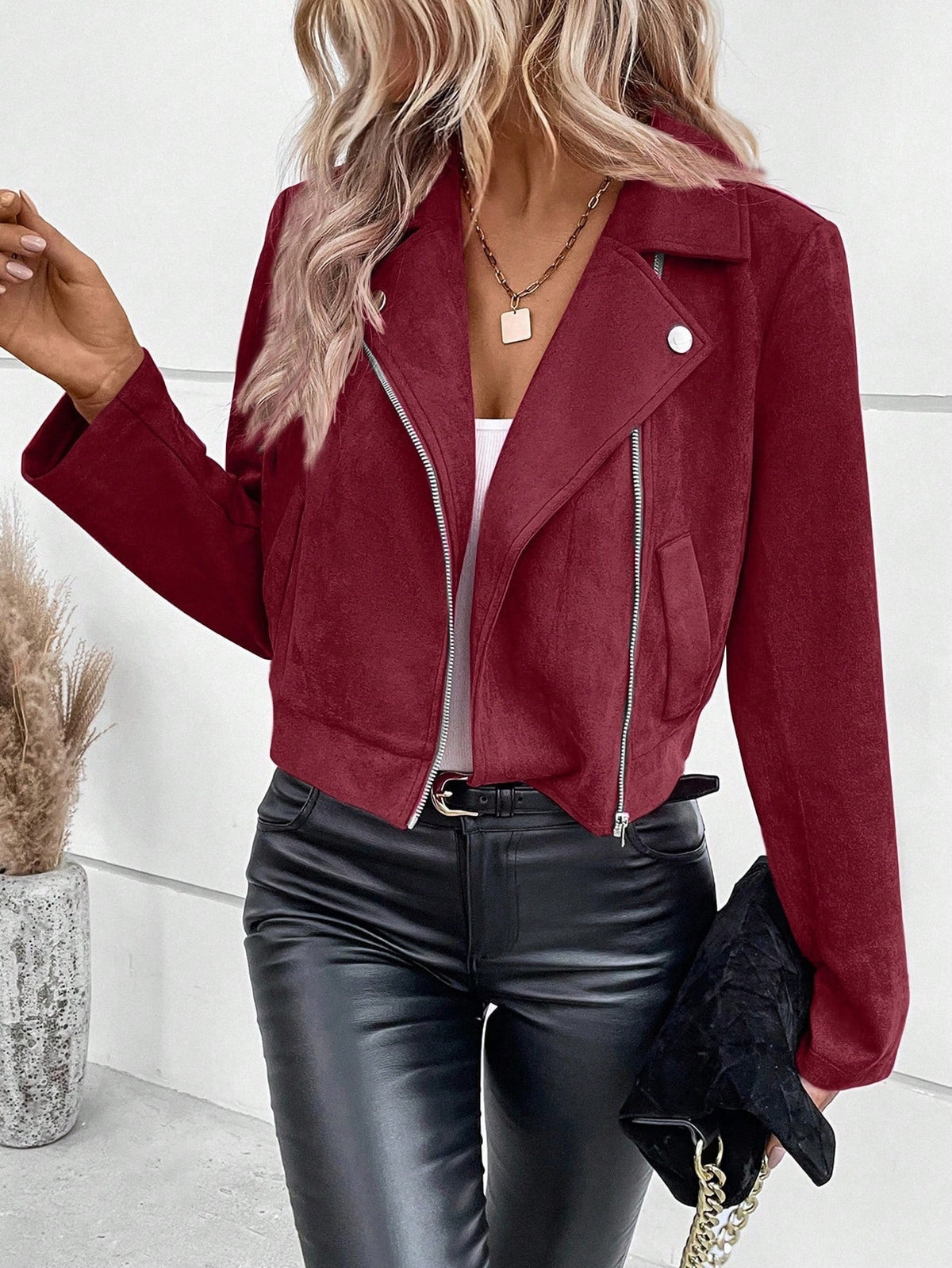Asymmetric Zip Faux Suede Moto Jacket - WineRed