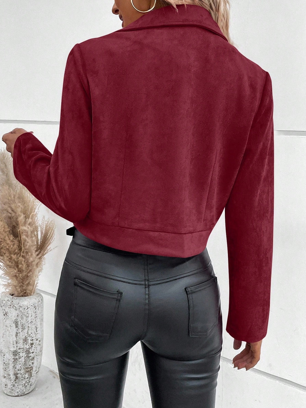 Asymmetric Zip Faux Suede Moto Jacket - WineRed - 1