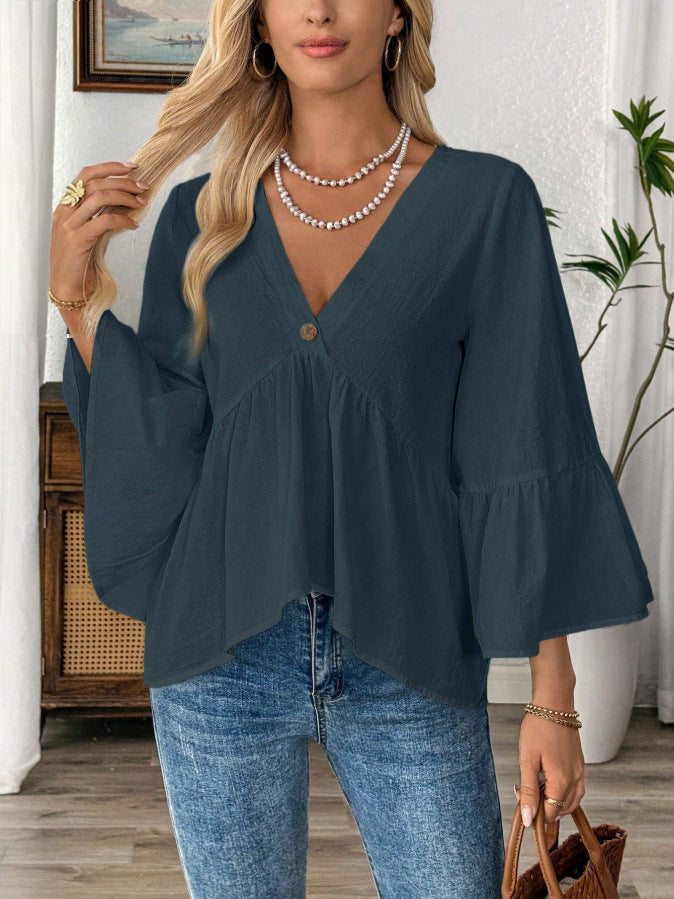 V Neck Bell Sleeve Babydoll Blouse - Navyblue