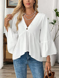 V Neck Bell Sleeve Babydoll Blouse - White