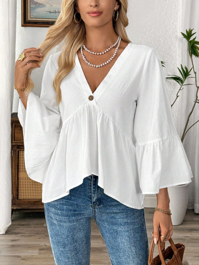 V Neck Bell Sleeve Babydoll Blouse - White