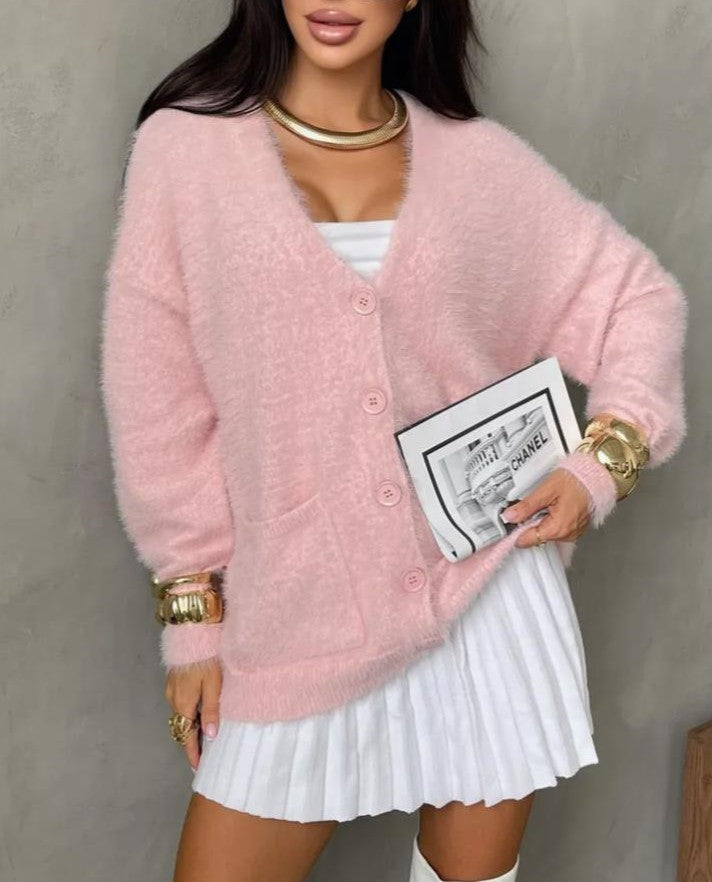 Fuzzy Button Front V Neck Knit Cardigan - Pink