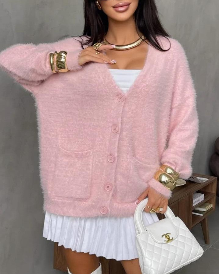 Fuzzy Button Front V Neck Knit Cardigan - Pink - 1