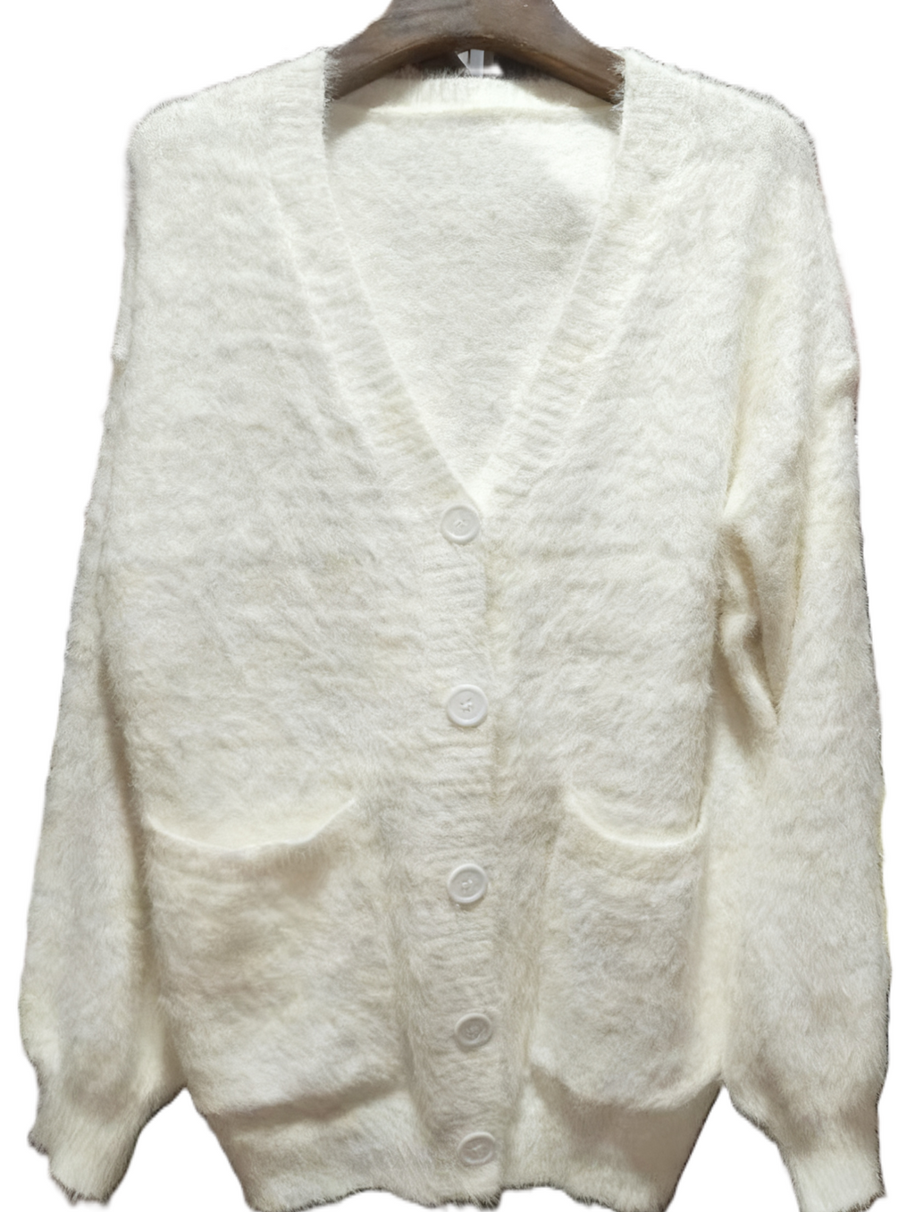 Fuzzy Button Front V Neck Knit Cardigan - White